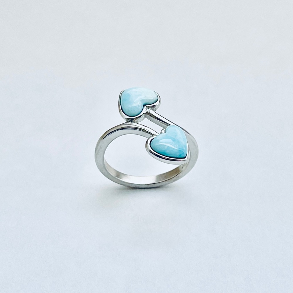Sterling Silver Genuine Larimar Double Heart Ring, Silver Rings, Healing Stones